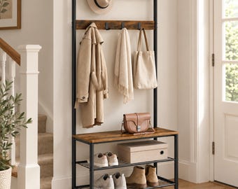 Hallway Coat Stand, Shoe Storage Bench, Industrial Clothes Rail, Entryway Organiser, Rustic Brown
