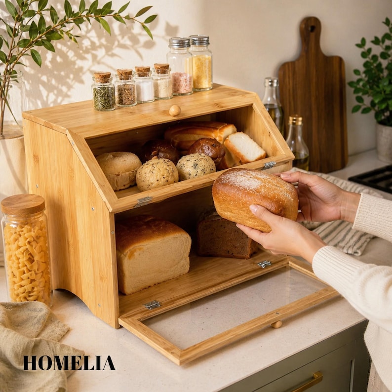 May include: A wooden bread bin with a glass door, containing different loaves and rolls. Small jars of spices sit on top. The word "HOMELIA" is printed on the bottom left corner.