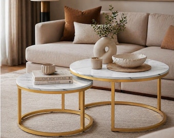 Nesting Coffee Tables Set Marble Effect with Gold Frame, Modern Living Room Tables UK