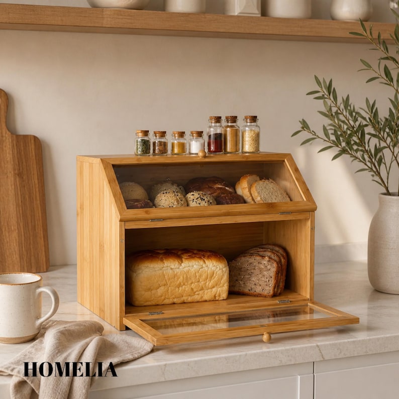May include: A wooden bread bin with a glass door, containing different types of bread. The bread bin has two compartments and a row of small glass jars on top. The word "HOMELIA" is printed on a cloth in the foreground.