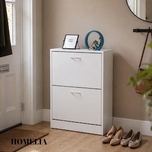 May include: A white two-door shoe cabinet with silver handles. A small framed photo and a blue decorative sculpture sit on top. Several pairs of shoes are lined up on the floor in front of the cabinet. The word "HOMELIA" is printed on the floor.