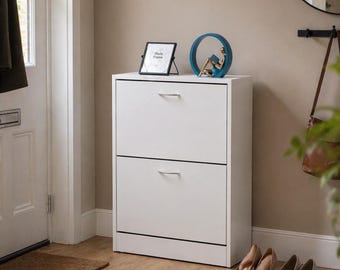 Slim Shoe Storage Cabinet, Hidden Shoe Rack for Small Hallway, White Entryway Unit UK