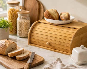 Bamboo Roll Top Bread Bin, Eco-Friendly Kitchen Organiser, Worktop Storage, Rustic Farmhouse UK
