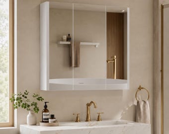 White Bathroom Mirror Cabinet 3 Door | Wall Mounted Storage Shelves 60cm Wide