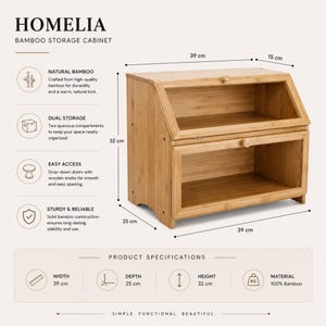 May include: A HOMELIA bamboo storage cabinet with dual storage and drop-down doors. The cabinet is 39 cm wide, 25 cm deep, and 32 cm high, crafted from natural bamboo. The text on the image says "SIMPLE. FUNCTIONAL. BEAUTIFUL."
