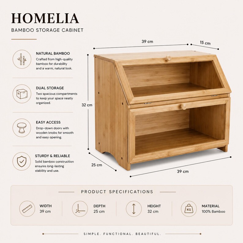May include: A HOMELIA bamboo storage cabinet with dual storage and drop-down doors. The cabinet is 39 cm wide, 25 cm deep, and 32 cm high, crafted from natural bamboo. The text on the image says "SIMPLE. FUNCTIONAL. BEAUTIFUL."
