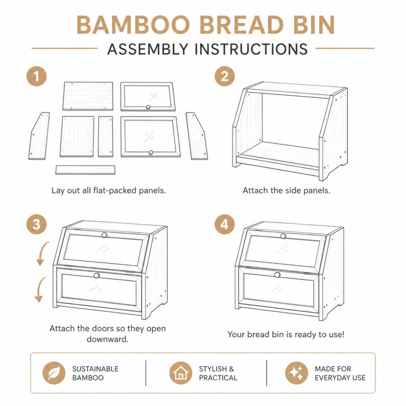 May include: Assembly instructions for a bamboo bread bin. The image shows the steps to assemble the bread bin, including attaching the side panels and doors. The text says "Sustainable Bamboo", "Stylish & Practical", and "Made for Everyday Use".