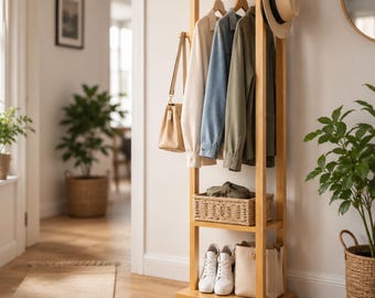 Bamboo Coat Rack with Shelf, Freestanding Eco Friendly Clothing Rack, Small Space Organiser UK