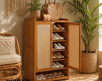 Rattan Shoe Cabinet with Doors | Tall Bamboo Hallway Shoe Cupboard 20 Pairs