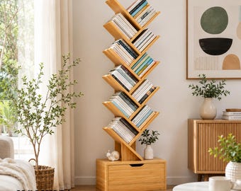 Tree Bookcase Wooden Floor Standing Bookshelf with Drawer, Kids Nursery Storage UK