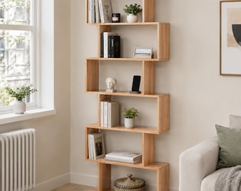 Tall Geometric Bookcase, Freestanding Zigzag Display Shelving Unit, Living Room Storage UK