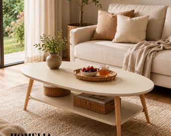 Oval Coffee Table with Storage Shelf | Scandi 2 Tier Living Room Table White Wood