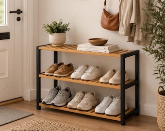 Bamboo Shoe Rack 3 Tier | Natural Wood Shoe Organiser Hallway Entryway Stand