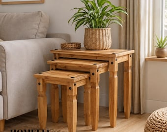 Corona Pine Nest of 3 Tables | Solid Wood Mexican Side Tables Hand Waxed Antique