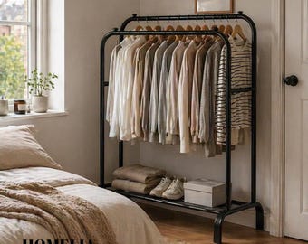 Heavy Duty Clothes Rail, 2 Tier Open Wardrobe with Shelf, Bedroom Clothing Rack UK