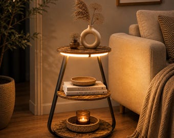 LED Side Table with 3 Tier Storage, Modern Lighted End Table for Small Spaces