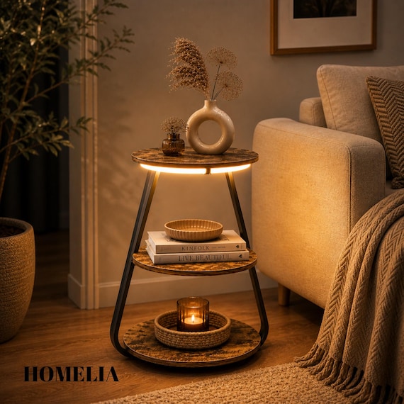 LED Side Table with 3 Tier Storage, Modern Lighted End Table for Small Spaces