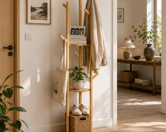 Bamboo Coat Rack Stand 10 Hooks 3 Shelves | Freestanding Hallway Clothes Hanger
