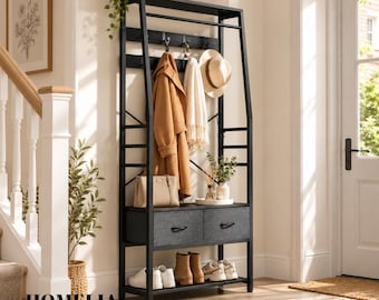 Hallway Coat Rack with Shoe Storage, 2 Drawer Entryway Organiser, Black Metal Stand