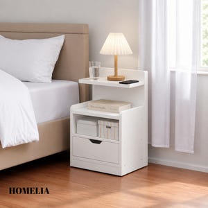 Small White Bedside Table With Drawer and Shelves, Wooden Nightstand Organiser, Bedroom Furniture UK