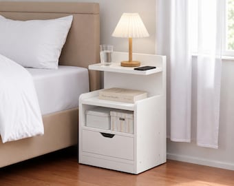 Small White Bedside Table With Drawer and Shelves, Wooden Nightstand Organiser, Bedroom Furniture UK