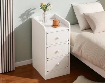 White Bedside Table with 3 Drawers, Modern Nightstand, Compact Bedroom Storage Cabinet UK