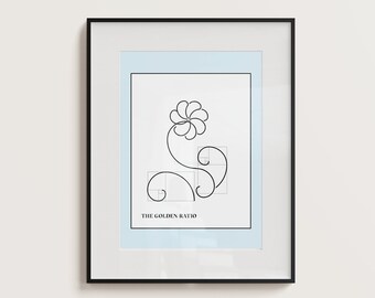 May include: A black and white line drawing of a flower with a geometric pattern in the background. The text "THE GOLDEN RATIO" is below the flower.