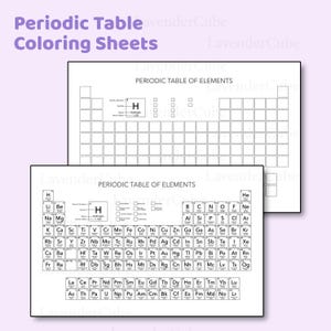 May include: Two black and white periodic table coloring sheets. The top sheet is a blank periodic table outline. The bottom sheet is a periodic table with element symbols and names. The text "Periodic Table Coloring Sheets" is at the top.