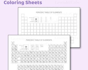 May include: Two black and white periodic table coloring sheets. The top sheet is a blank periodic table outline. The bottom sheet is a periodic table with element symbols and names. The text "Periodic Table Coloring Sheets" is at the top.