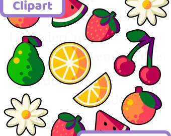 May include: A collection of colorful fruit clipart, including a watermelon slice, strawberry, pear, lemon, cherries, and a peach. The image also includes two daisies and the text "Fruit Clipart" and "PNG - 300 DPI".