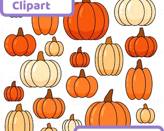 May include: A collection of cartoon pumpkins in various sizes and shades of orange and cream. The pumpkins have brown stems and are arranged on a white background. Text in the image reads "Pumpkin Clipart" and "PNG - 300 DPI".