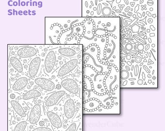 May include: Three black and white Microbiology Coloring Sheets with detailed illustrations of various microorganisms. The sheets feature intricate designs of cells, bacteria, and other microscopic organisms, perfect for coloring.
