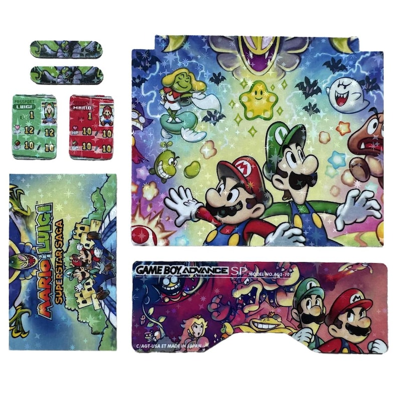 May include: A colorful Game Boy Advance SP skin featuring Mario and Luigi characters from the Superstar Saga game. The skin includes a full-body design with a vibrant background of stars and clouds. The text "GAME BOY ADVANCE SP" is printed on the skin.
