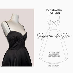 Op de afbeelding: Een zwarte satijnen jurk met een sweetheart halslijn en spaghettibandjes wordt getoond op een mannequin. De jurk heeft een getailleerd lijfje en een uitlopende rok. De afbeelding bevat ook een lijntekening van de jurk met de tekst "Signora di Seta".