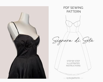 May include: A black satin dress with a sweetheart neckline and spaghetti straps is displayed on a mannequin. The dress has a fitted bodice and a flared skirt. The image also includes a line drawing of the dress with the text "Signora di Seta".