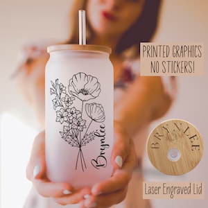 Personalized Birth Flower Iced Coffee Cup, Custom Birth Flower Glass Tumbler, Birthflower Gifts,  Bridesmaid Proposal Gift, Glass Can