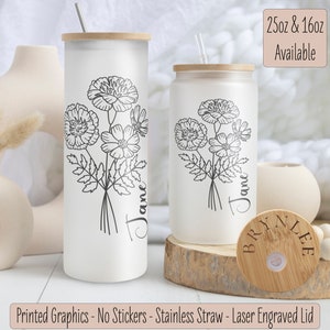 Personalized Birth Flower Iced Coffee Cup, Custom Birth Flower Glass Tumbler, Birthflower Gifts,  Bridesmaid Proposal Gift, Bridal Party