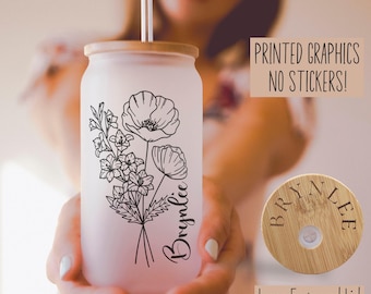 Personalized Birth Flower Iced Coffee Cup, Custom Birth Flower Glass Tumbler, Birthflower Gifts,  Bridesmaid Proposal Gift, Glass Can