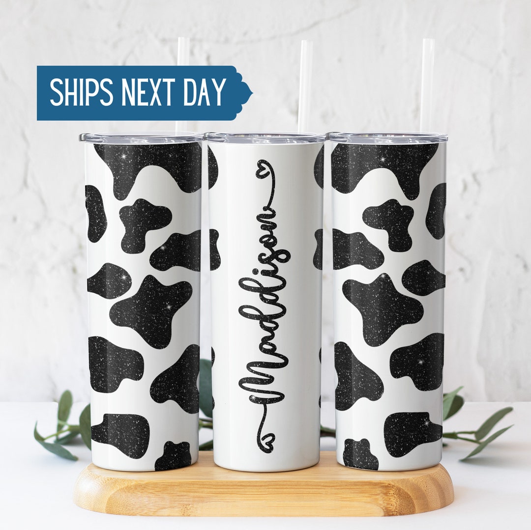 Personalized Cow Print Tumbler With Initial Letter - Glitter Black & White 20oz Stainless Steel Insulated Cup, Unique Gift For Women - View #6