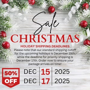 The image is a promotional advertisement for a Christmas sale, featuring a festive background with Christmas ornaments and pine branches. The text announces a holiday shipping cutoff for the upcoming holidays, with a specific date and time for the cutoff.