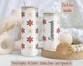 Personalized Daisy Glass Tumbler, Iced Coffee Glass, Retro Flower Iced Coffee Cup, Daisy Glass Cup, Teacher Appreciation, Spring Tumblers