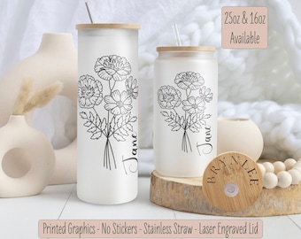 Personalized Birth Flower Iced Coffee Cup, Custom Birth Flower Glass Tumbler, Birthflower Gifts,  Bridesmaid Proposal Gift, Bridal Party