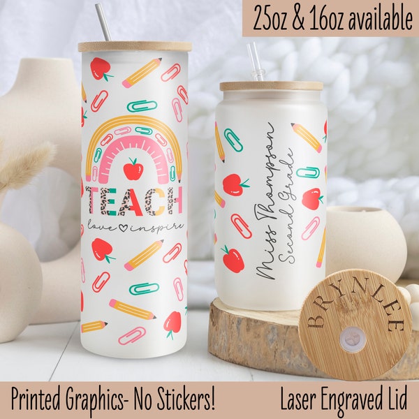 Personalized Teacher Glass Coffee Cup Gift - Teacher Appreciation Gift, Custom Name Teacher Tumbler for Back To School Gift New Teacher Gift