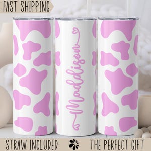 Personalized Cow Print Tumbler, Custom Pink Cow Print Tumbler For Her, Cute Cowhide Tumbler, Pink Western Tumbler, Cow Print Gifts