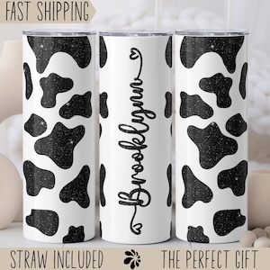 Personalized Cow Print Tumbler, Custom Glitter Cow Print Coffee Mug, Cute Cowhide Travel Mug, Glitter Western Tumbler, Gift for Her