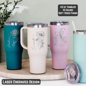 Personalized Birth Flower 40oz Tumbler with Name - Insulated Custom Tumbler with Handle Lid & Straw, Bridesmaid Proposal, Bridal Party Gift