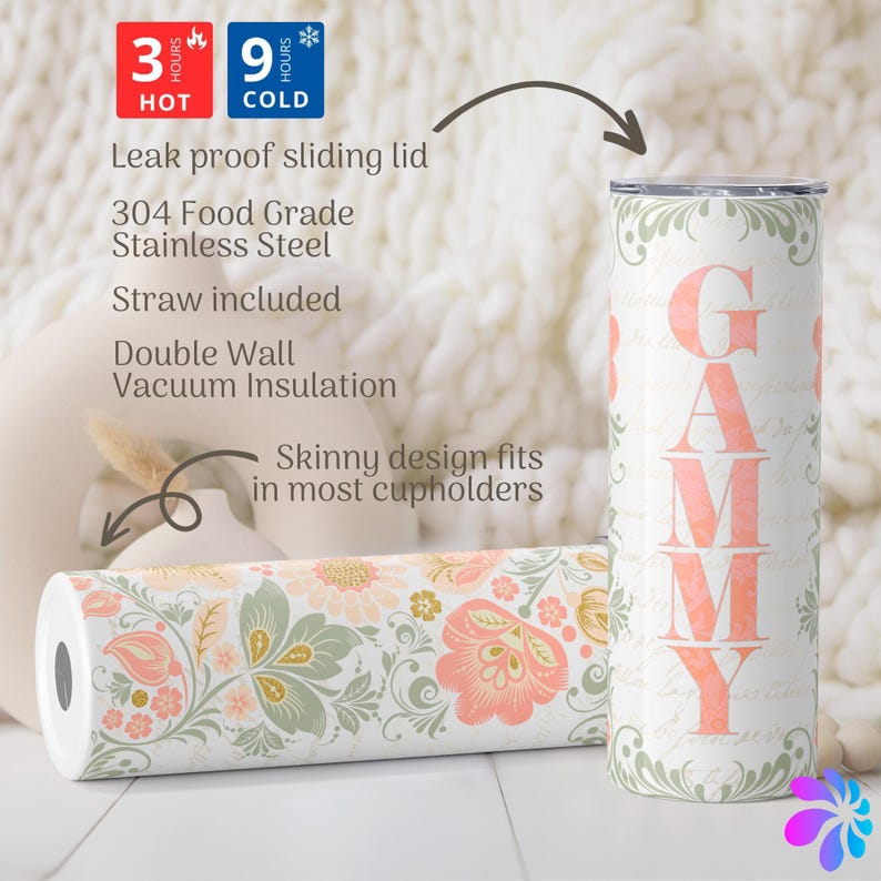 May include: A stainless steel tumbler with a floral pattern and the word "GAMMY" in pink lettering. The tumbler is double-walled and has a leak-proof sliding lid. It keeps drinks hot for 3 hours and cold for 9 hours. A straw is included.
