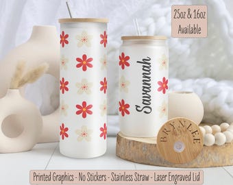 Personalized Daisy Glass Tumbler, Iced Coffee Glass, Retro Flower Iced Coffee Cup, Daisy Glass Cup, Teacher Appreciation, Spring Tumblers