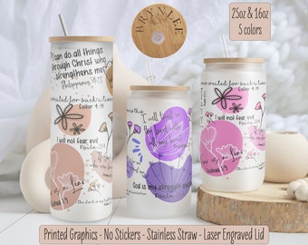 Christian Affirmation Iced Coffee Cup, Bible Verse Glass Tumbler, Beer Can Glass with Lid and Straw,  Bible Verses Glass Cup Christian Gift