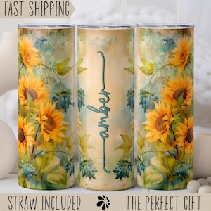 Custom Sunflower Tumbler, Personalized Sunflower Cup, Sunflower Travel Mug, Mothers Day Gift, Floral Tumbler Cup, Gift for Her, Teacher Gift